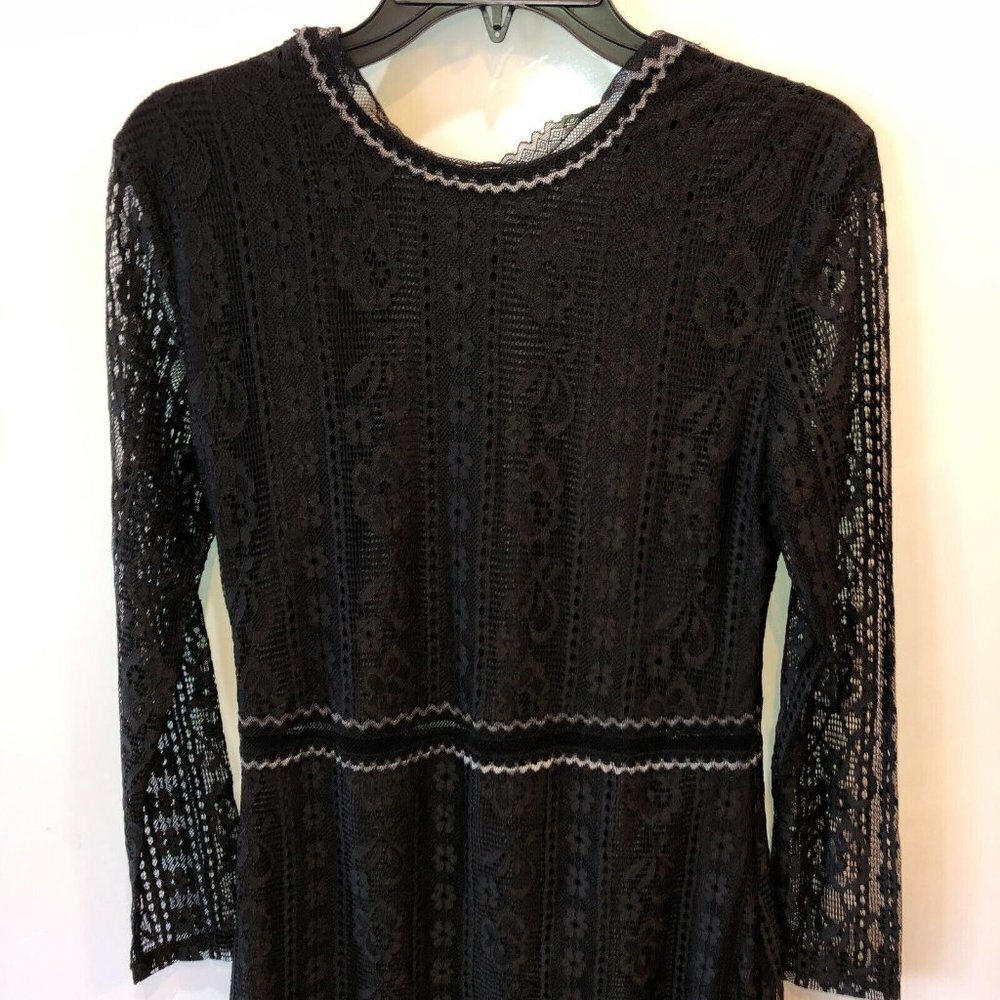 New Aphratti Womens Medium Black Floral Lace Long Sleeve V Neck A-Line Dress M - Picture 6 of 10